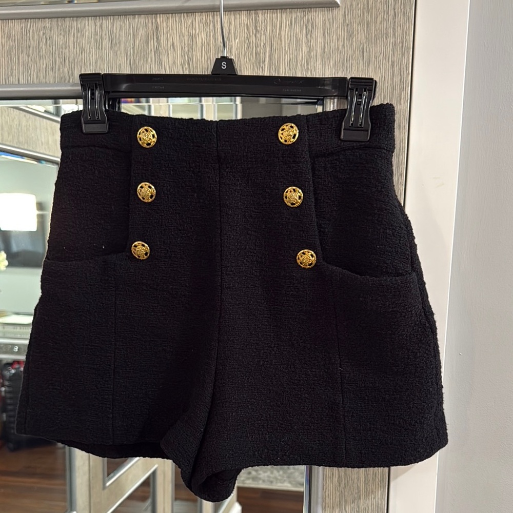 Women’s Black Textured High-Waist Shorts with Gold Button Detail